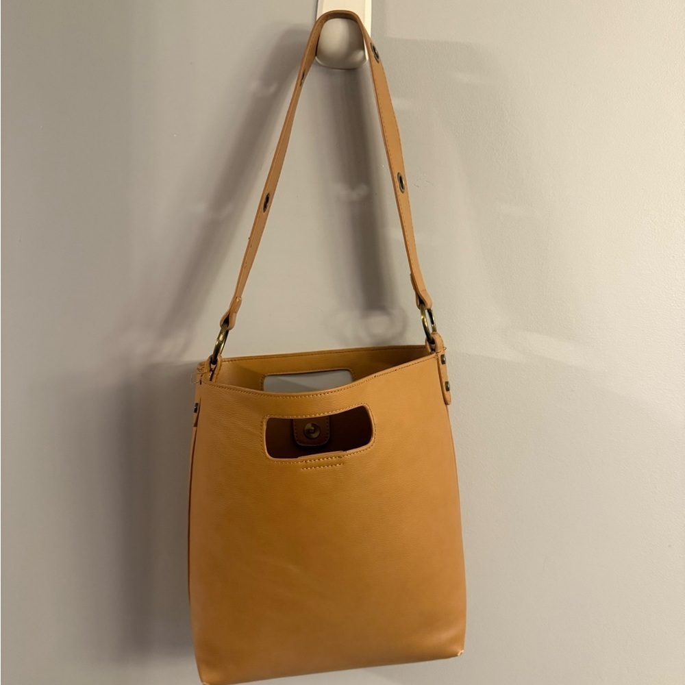 Tan Faux Leather Shoulder Tote Bag Cutout Handle Minimalist